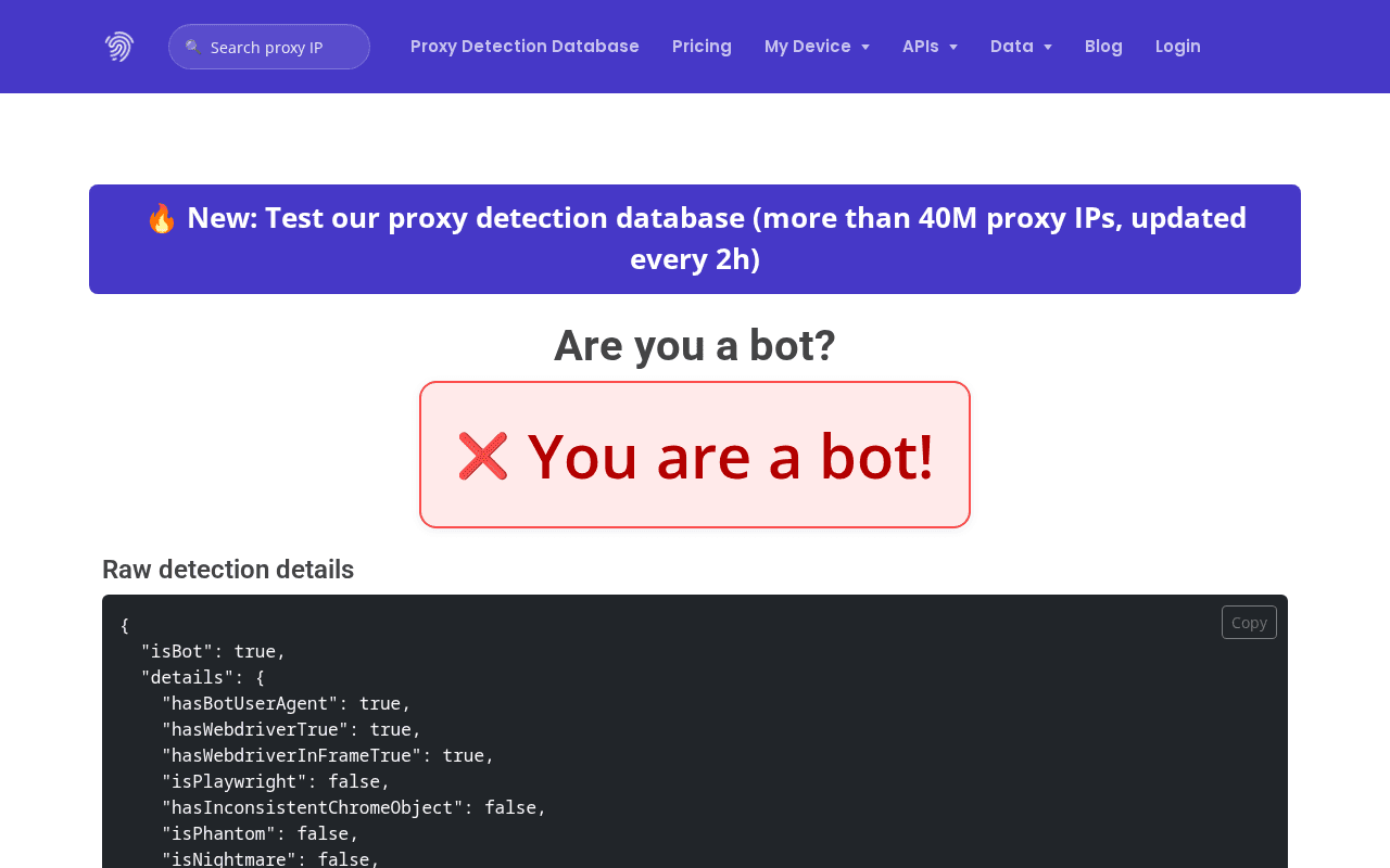 deviceandbrowserinfo.com con Playwright stock mostra il verdetto You are a bot in rosso e quattro flag bot positivi