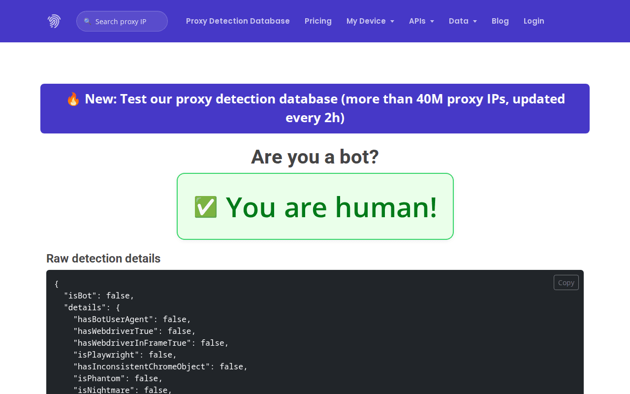 deviceandbrowserinfo.com con CloakBrowser mostra You are human in verde e tutti i flag bot a false