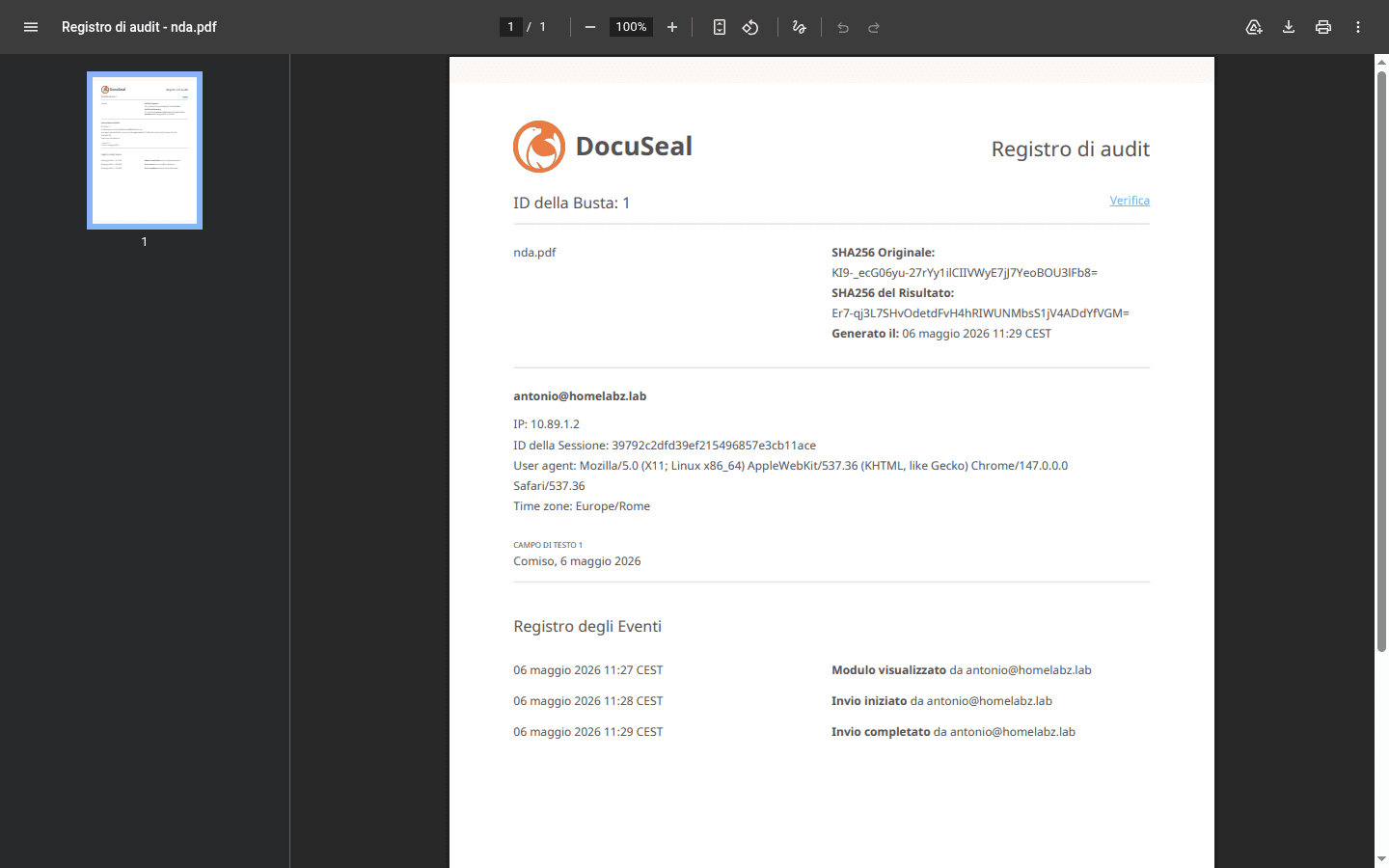 PDF del registro di audit DocuSeal con gli hash SHA256 dell'originale e del risultato, IP del firmatario, ID sessione e cronologia eventi