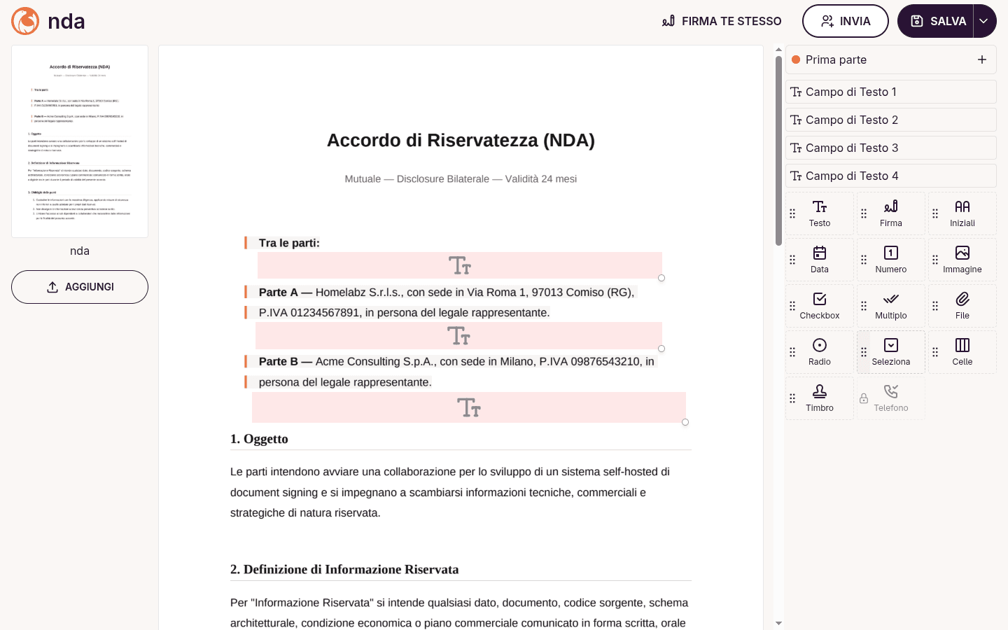 Modale di conferma con il messaggio che DocuSeal ha rilevato automaticamente quattro campi nel documento PDF caricato