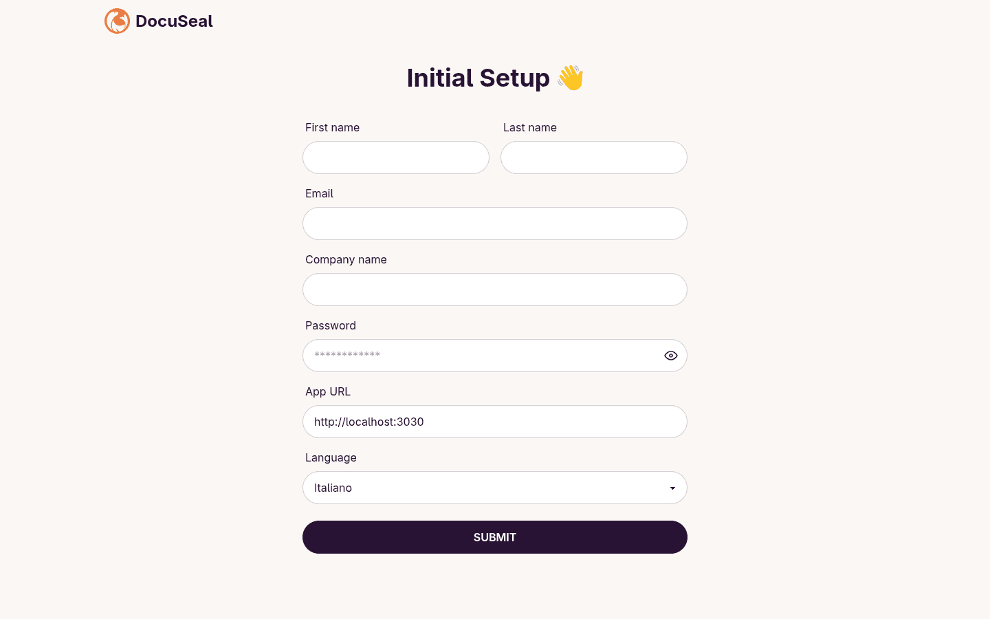 Wizard di setup iniziale di DocuSeal con la lingua italiana selezionata e i campi nome, email, password