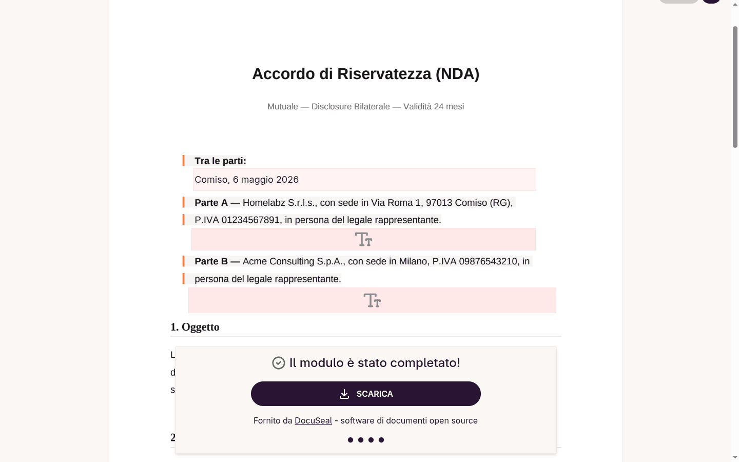 Schermata di conferma con il messaggio Il modulo e stato completato e i bottoni per scaricare il PDF firmato