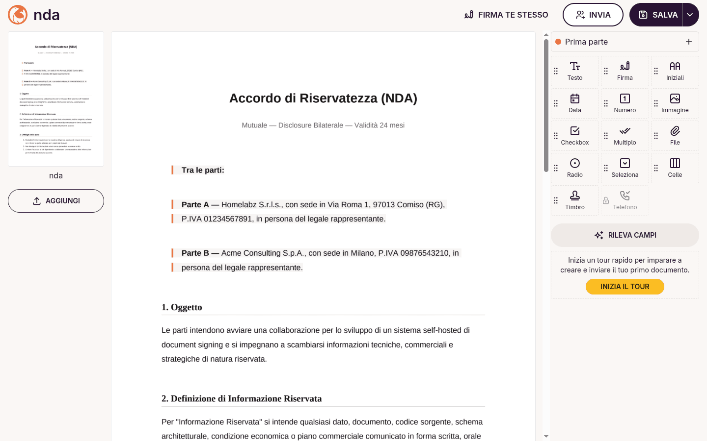 Editor del template DocuSeal con il PDF dell'NDA al centro e la sidebar a destra con i quattordici tipi di campo trascinabili