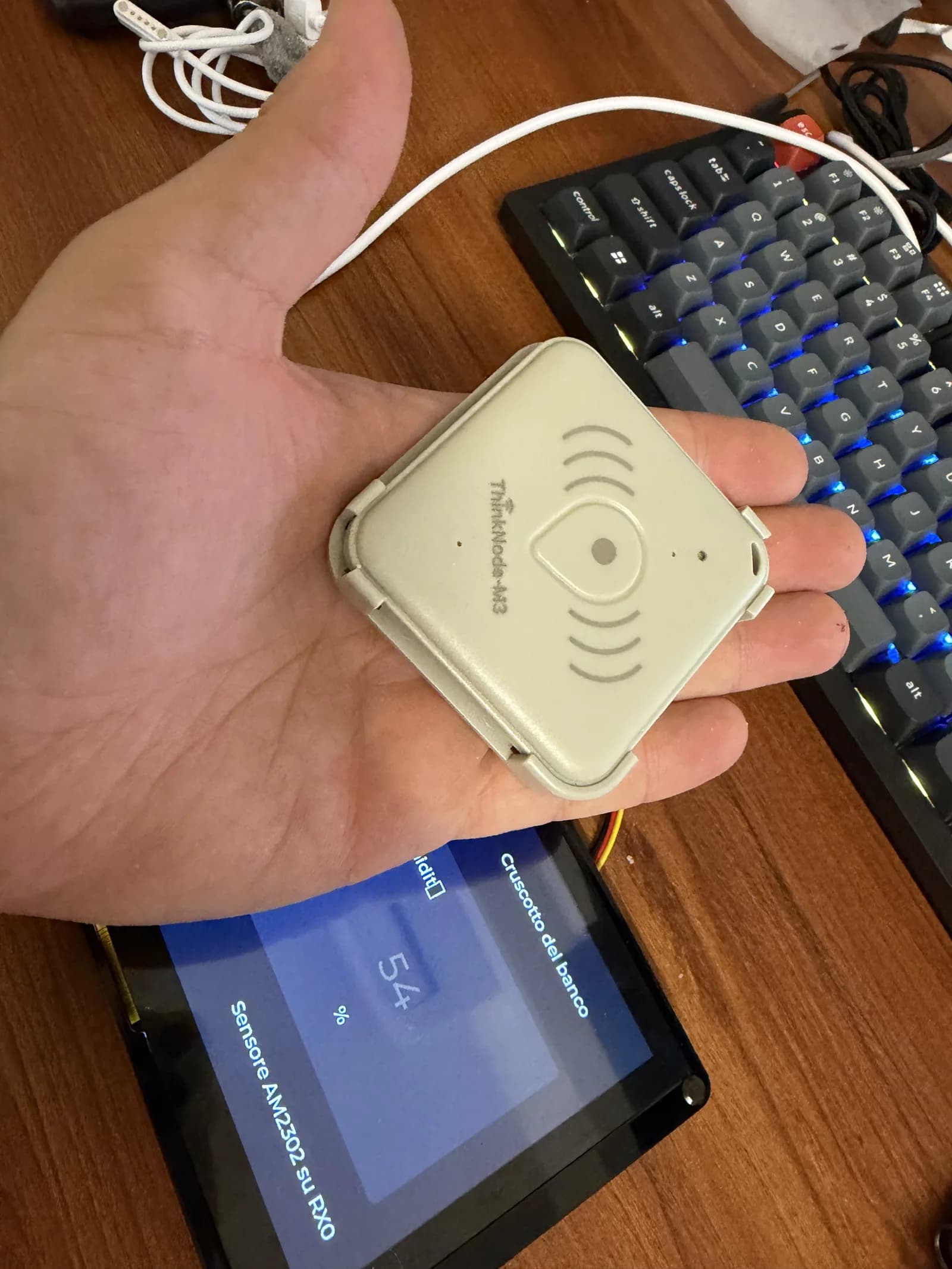 Il ThinkNode M3 nel palmo della mano, davanti al CrowPanel acceso