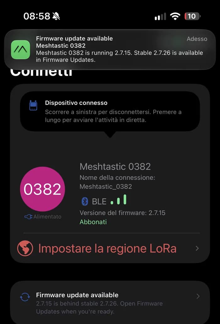 L'app Meshtastic collegata al ThinkNode M3: firmware 2.7.15 e avviso della versione 2.7.26 disponibile