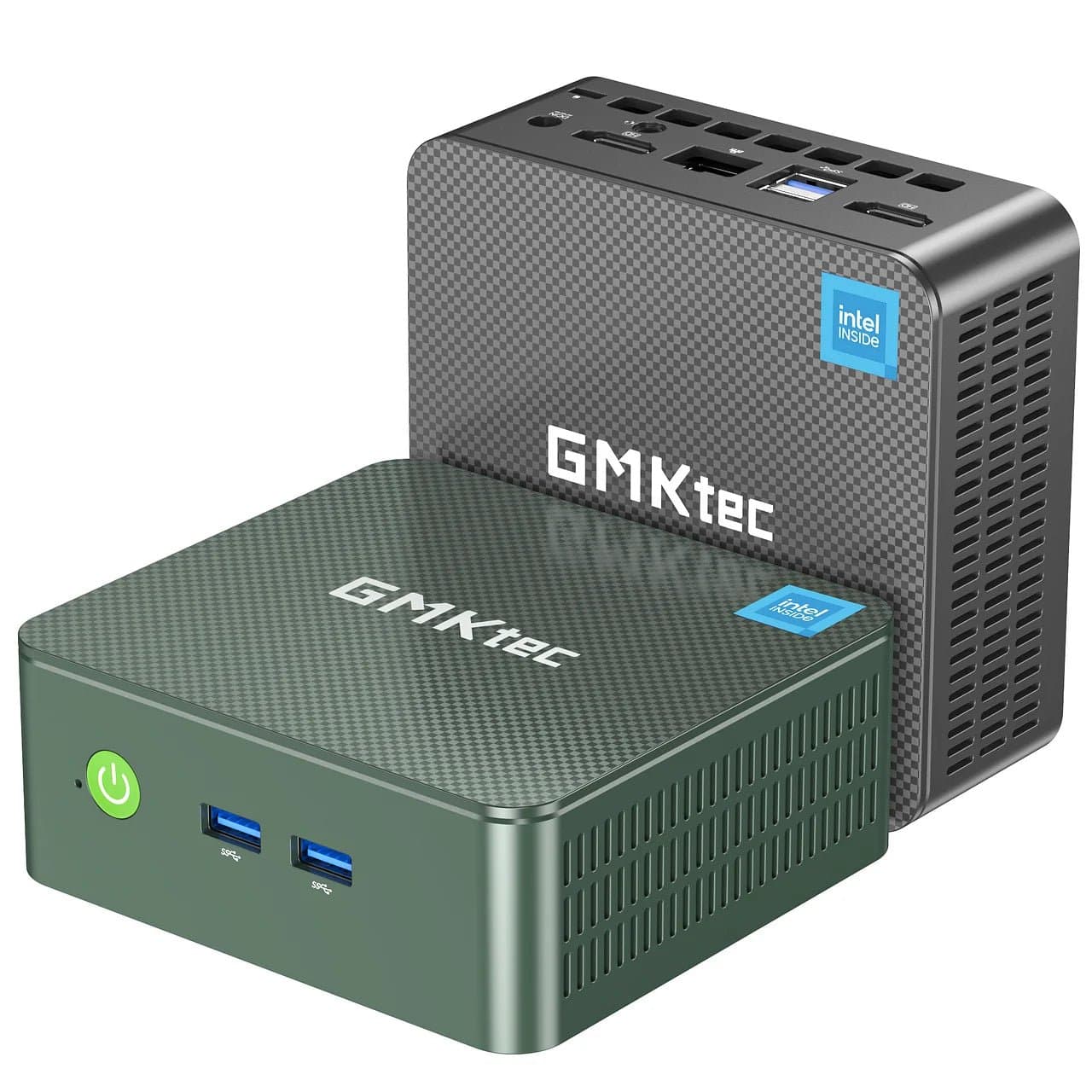 Mini PC GMKtec NucBox G3 con Intel N100: due unità a confronto, scocca testurizzata con logo GMKtec e badge Intel Inside, due porte USB 3.2 frontali