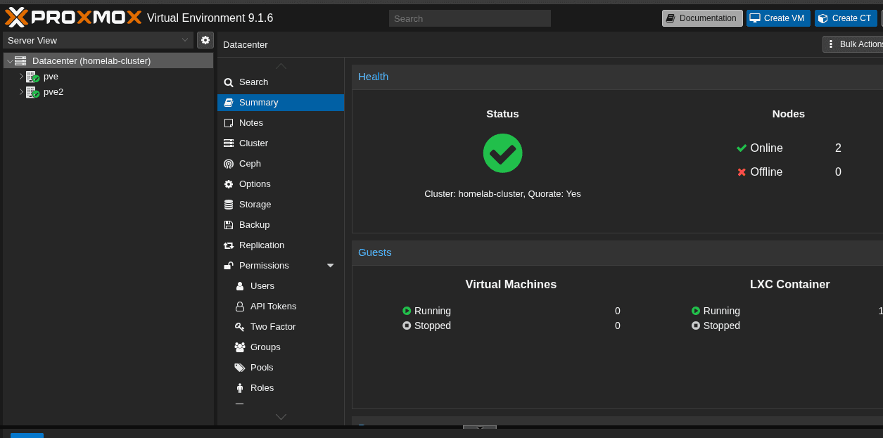 Proxmox cluster homelab-cluster: 2 nodi online, quorum attivo