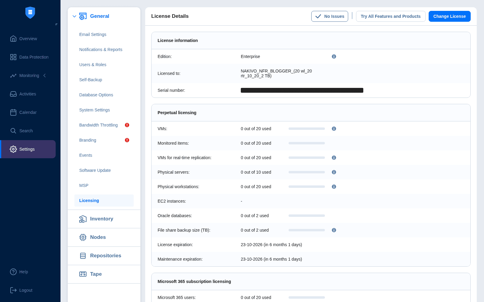 Pagina Licensing di NAKIVO con licenza NFR Enterprise Blogger attivata, 20 workload e scadenza 23 ottobre 2026