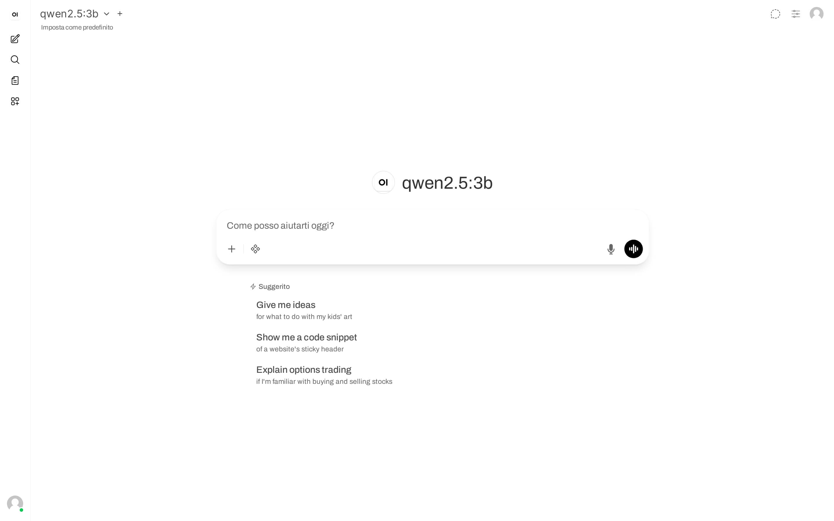 Home di Open WebUI dopo login, input centrale con scritta Come posso aiutarti oggi in italiano e selettore modello visibile