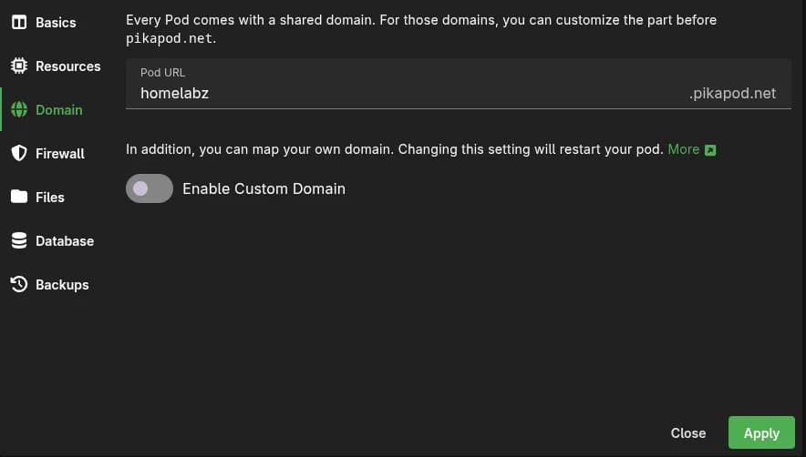 Impostazioni dominio PikaPods con homelabz.pikapod.net