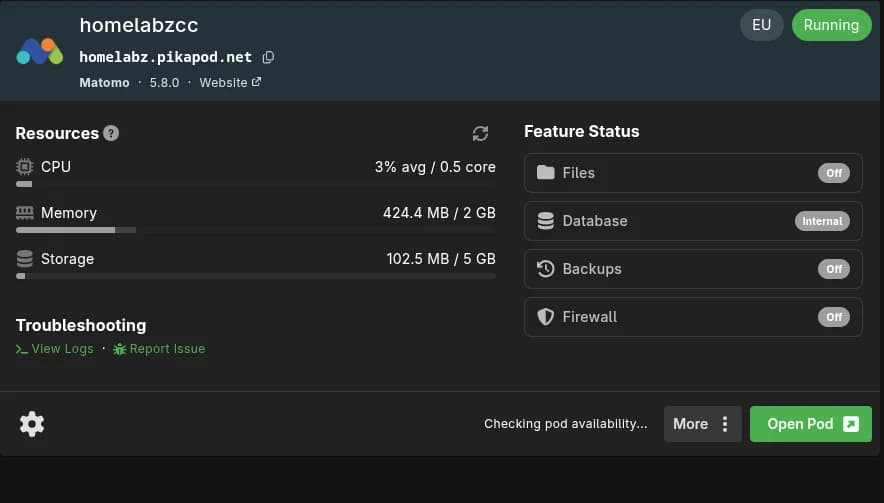 Pod Matomo in esecuzione su PikaPods con 3% CPU e 424MB RAM usati