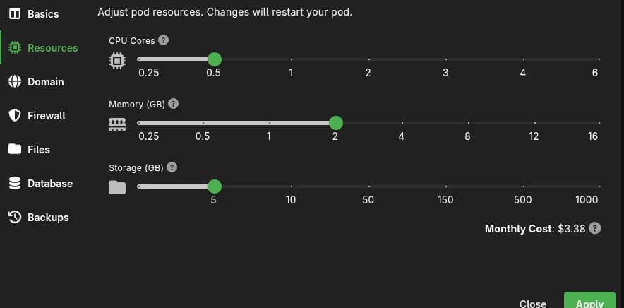 Risorse finali PikaPods per Matomo self-hosted: 0.5 CPU, 2GB RAM, $3.38 al mese