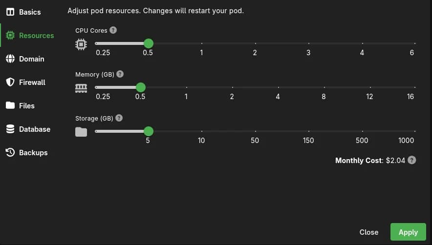 Risorse iniziali PikaPods per Matomo self-hosted: 0.5 CPU, 0.5GB RAM, $2.04 al mese