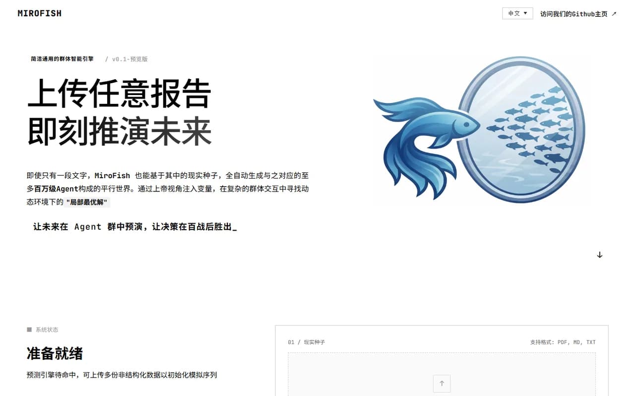 Interfaccia web di MiroFish con il form per caricare un report e avviare la simulazione
