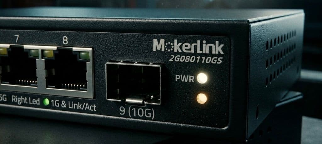 MokerLink 2G080110GS — close-up porta SFP+ 10G e LED PWR sul pannello frontale