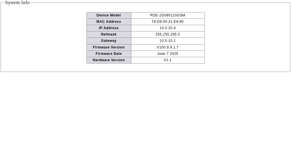 MokerLink POE-2G080110GSM System Info firmware V100.9.9.1.7 giugno 2025 hardware V1.1