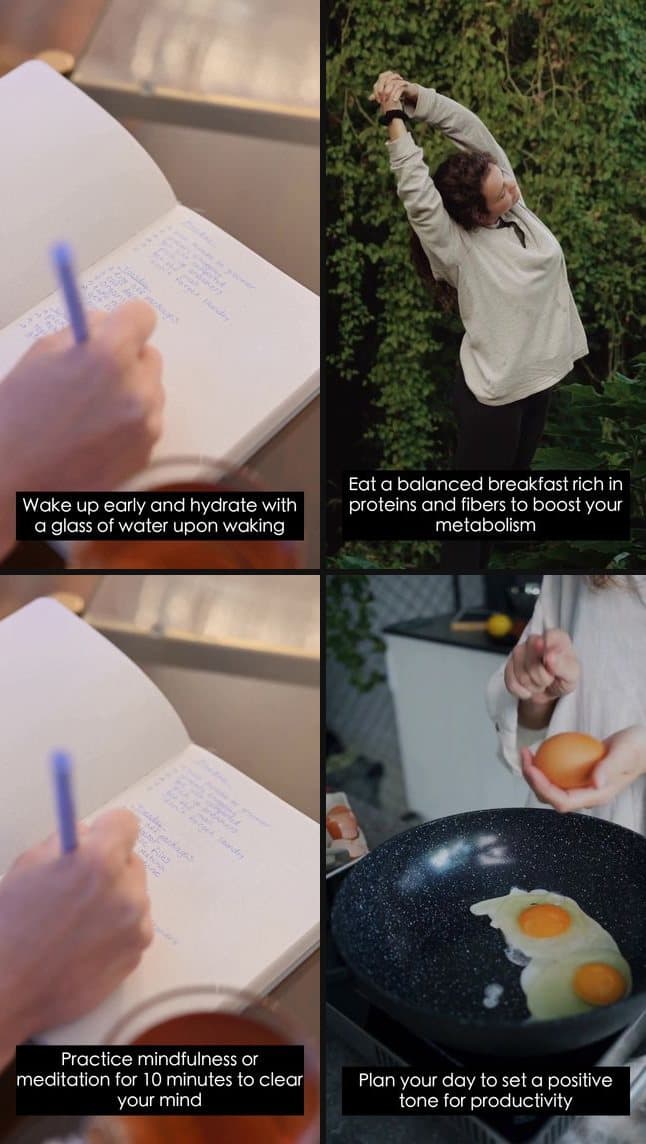 Quattro fotogrammi di un video sulle abitudini mattutine: scrittura su taccuino, stretching all'aperto, meditazione, uova in padella