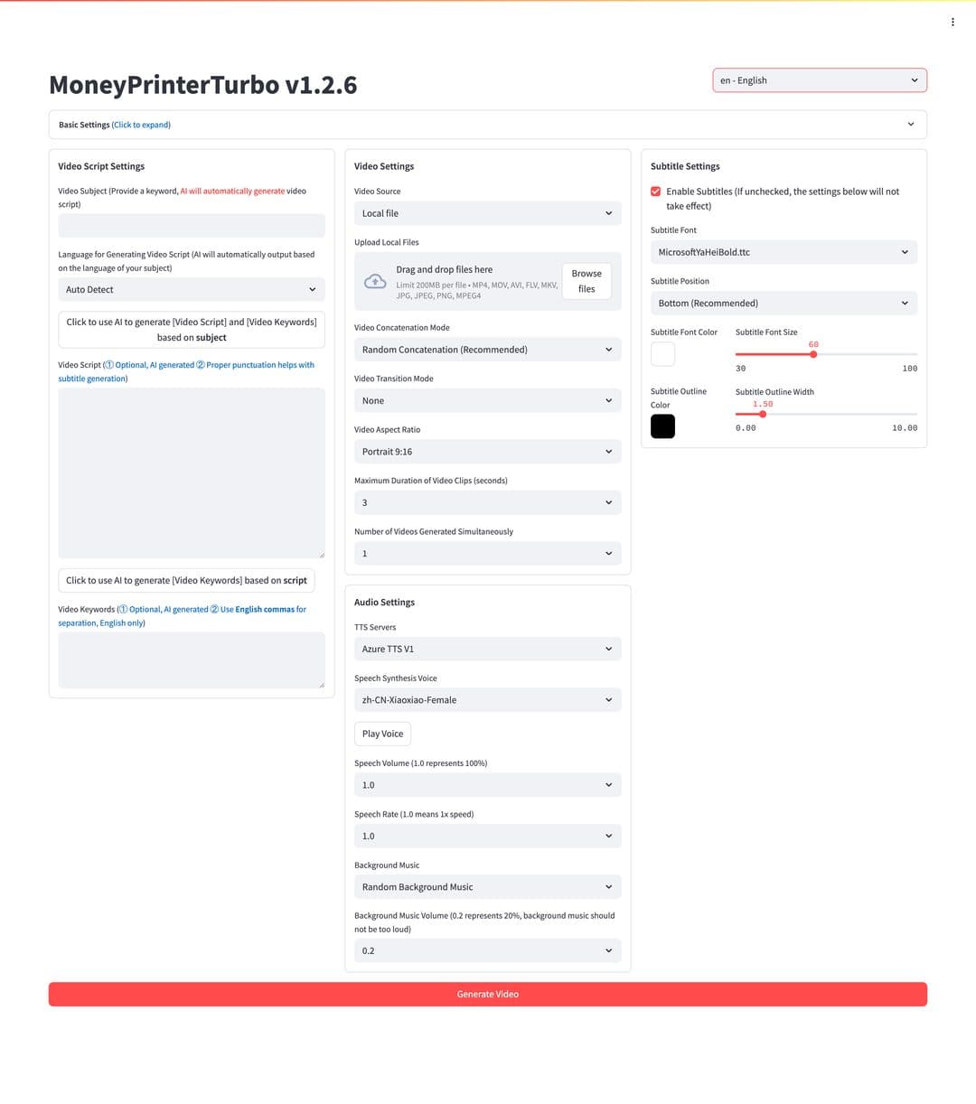 Interfaccia WebUI Streamlit di MoneyPrinterTurbo con i pannelli per script, voce e materiali video