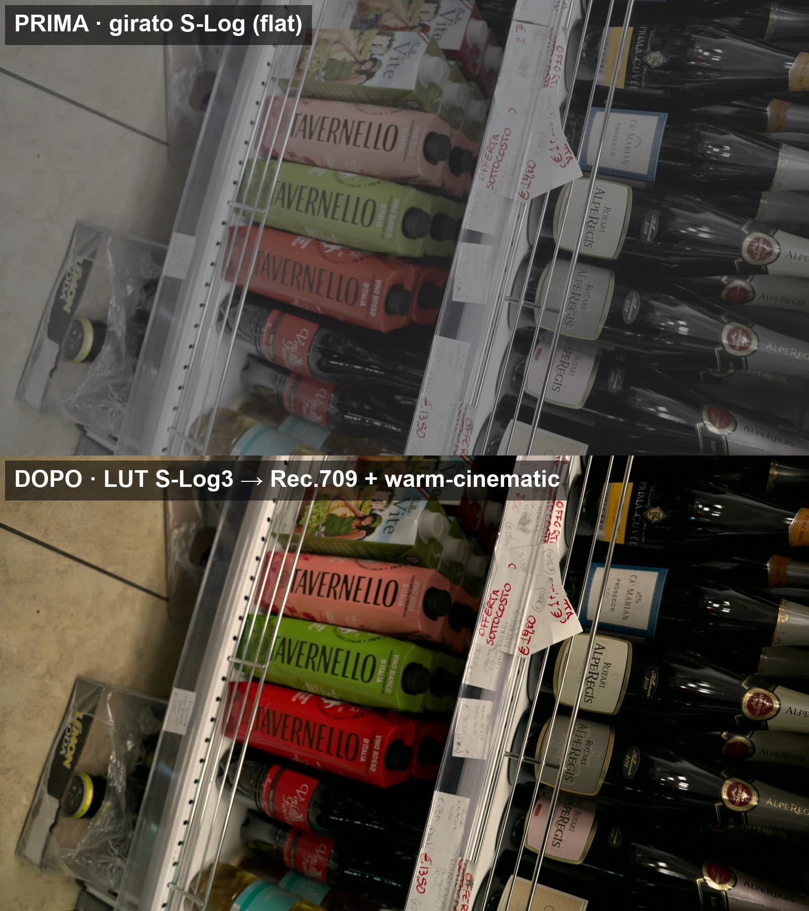 Confronto prima e dopo del color grading automatico di /monta: sopra il girato S-Log piatto, sotto lo stesso frame dopo LUT S-Log3 verso Rec.709 e preset warm-cinematic