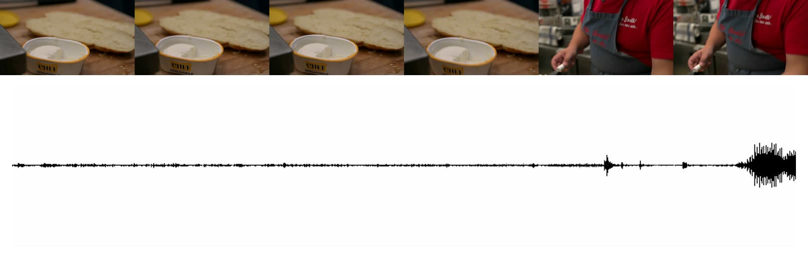Striscia di verifica del self-eval di /monta: sei frame reali attorno a un confine di taglio e la waveform audio usata per controllare che nessuna parola sia mozzata