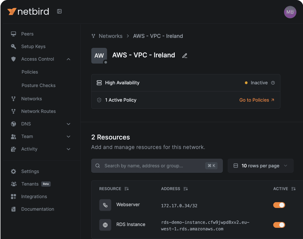 NetBird dashboard network management per VPN homelab con peers connessi e network routes