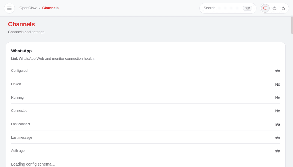 Sezione Channels di OpenClaw con WhatsApp, Telegram, Discord, Signal e altri canali