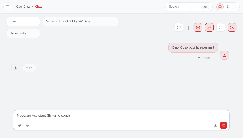 Control UI di OpenClaw con messaggio inviato e risposta in elaborazione