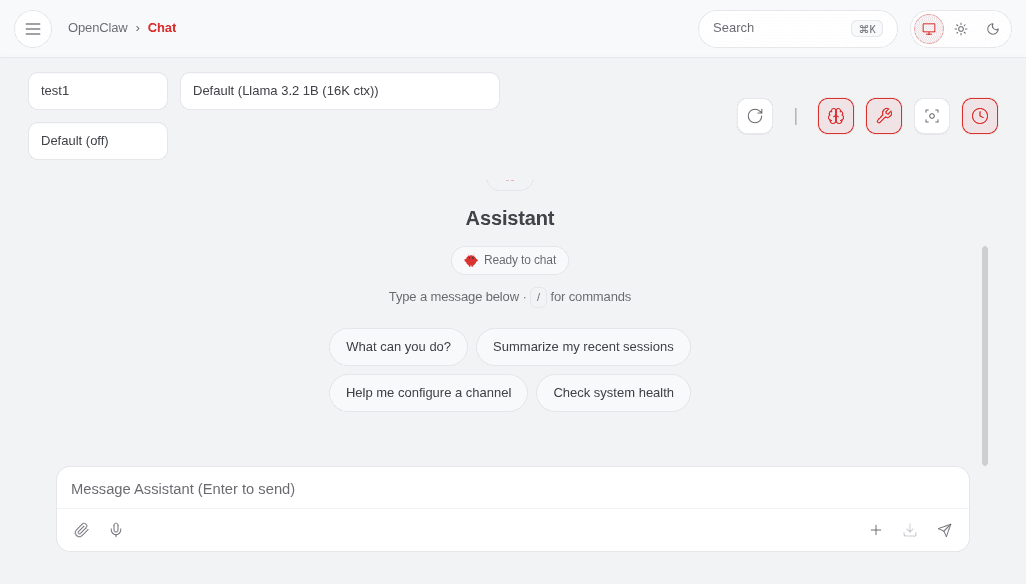 Control UI di OpenClaw con schermata principale e chat pronta all'uso