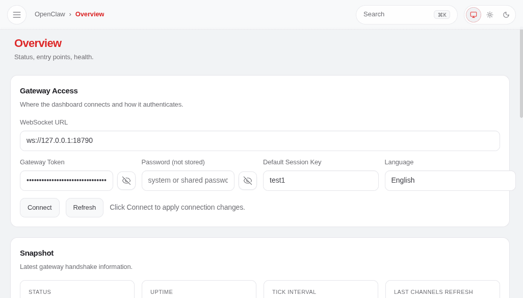 OpenClaw Overview: gateway status, WebSocket URL e Snapshot dell'agente