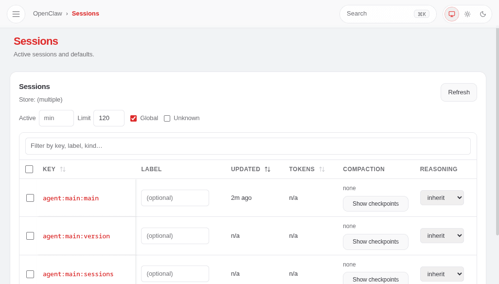 Sezione Sessions di OpenClaw con lista sessioni e stato