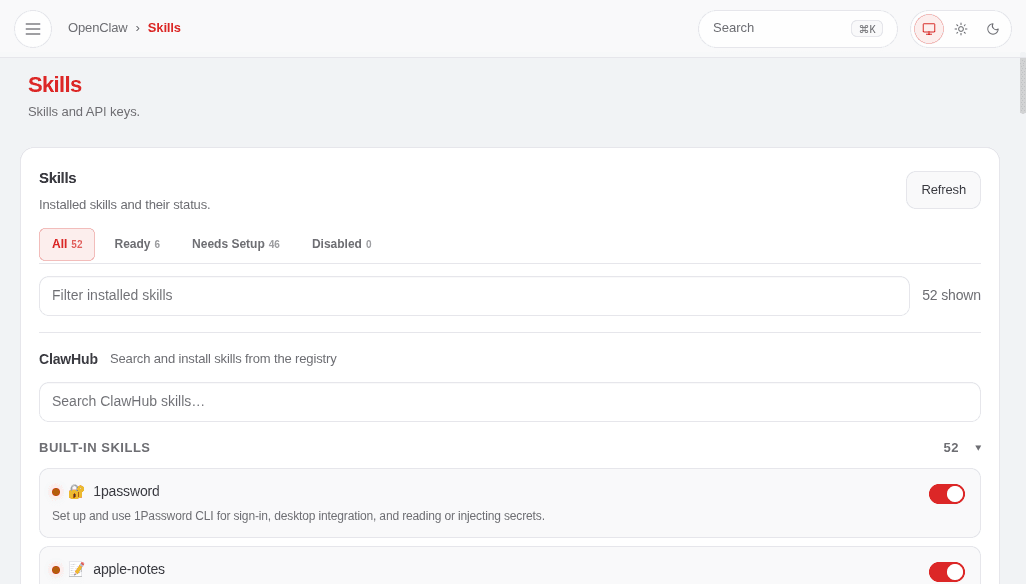 Lista delle 52 skills disponibili in OpenClaw via ClawHub
