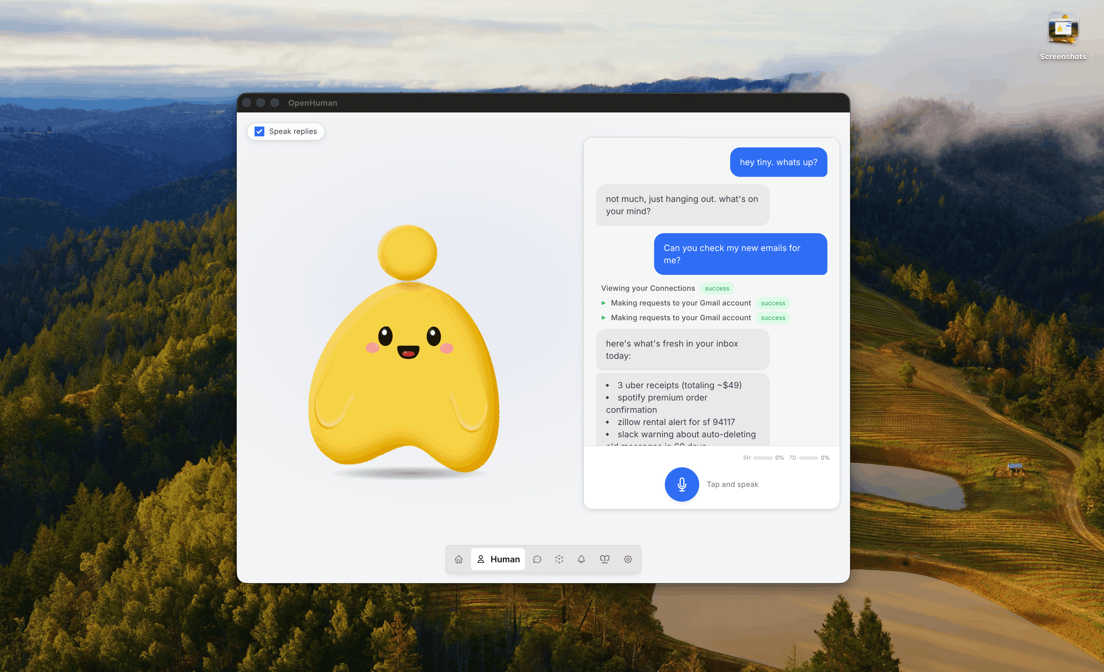 Interfaccia desktop di OpenHuman con mascotte animata e memoria persistente