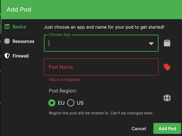 PikaPods Add Pod — selezione app Uptime Kuma e region EU