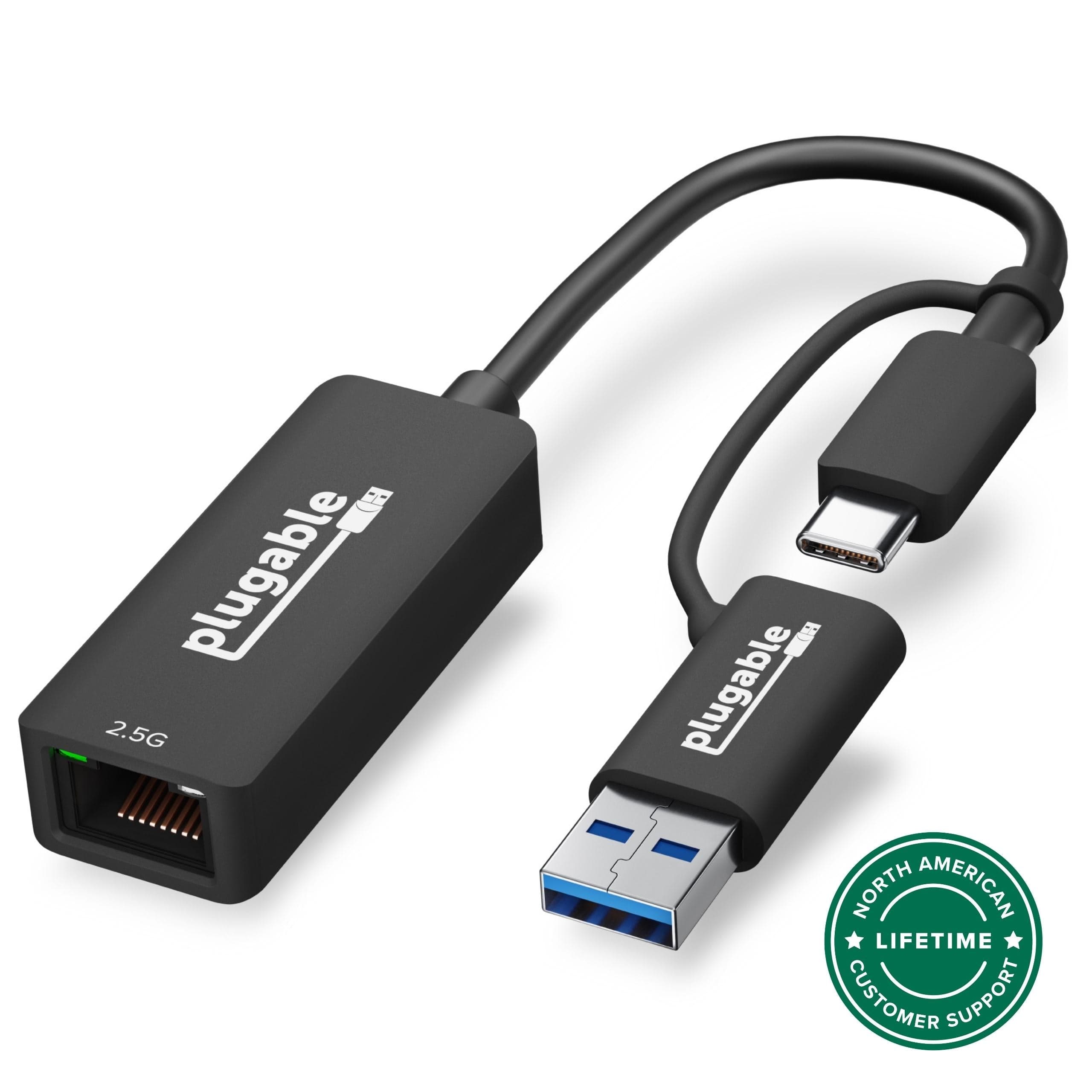 L'adattatore di rete Plugable USBC-E2500: 2.5 Gigabit Ethernet USB con doppio connettore USB-C e USB-A e porta RJ45