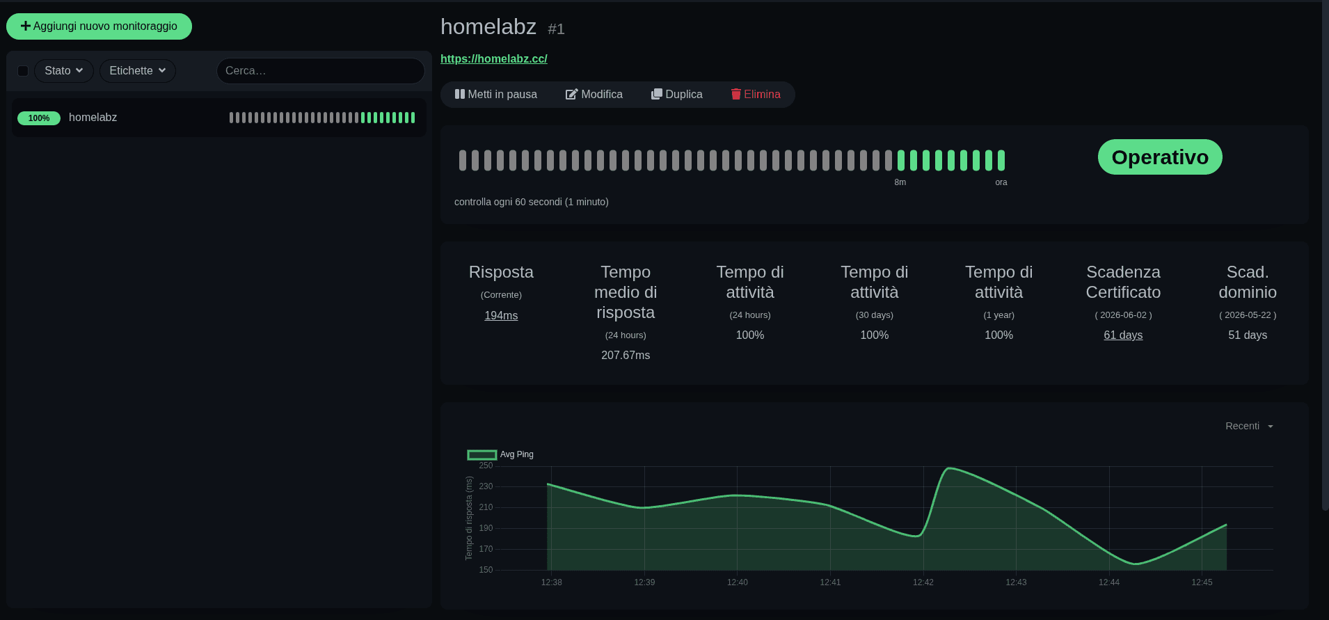 Uptime Kuma — monitor detail homelabz.cc con response time graph, uptime 100%, scadenza SSL e dominio