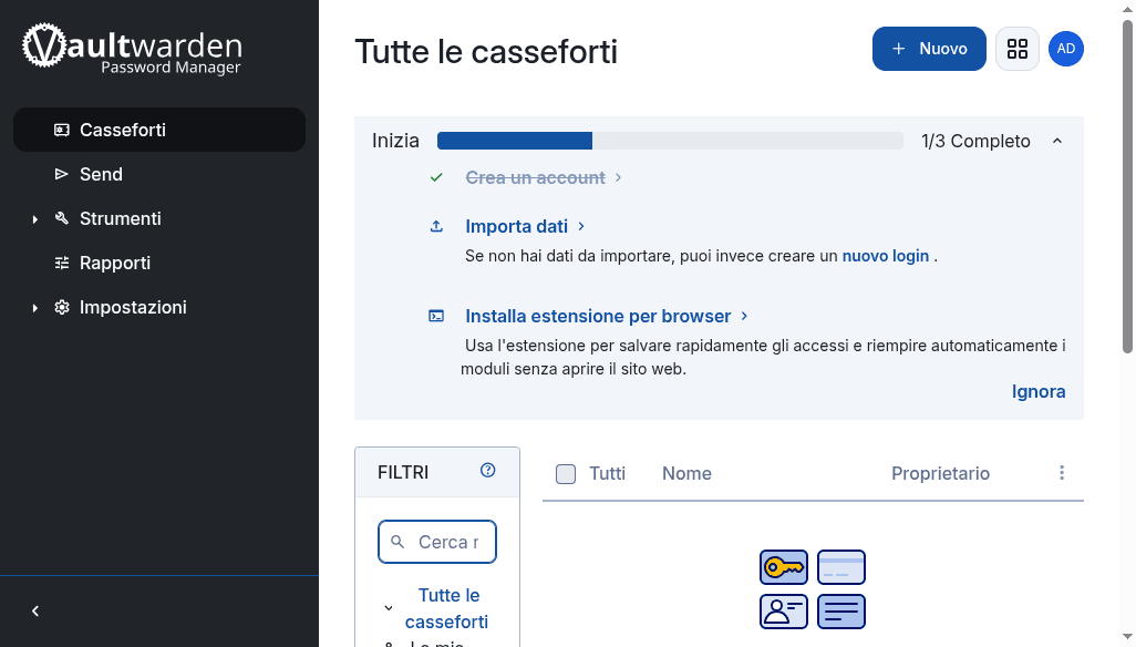 Vault Bitwarden vuoto appena creato dentro Vaultwarden 1.36.0, sezione Items con messaggio 'No items to list'