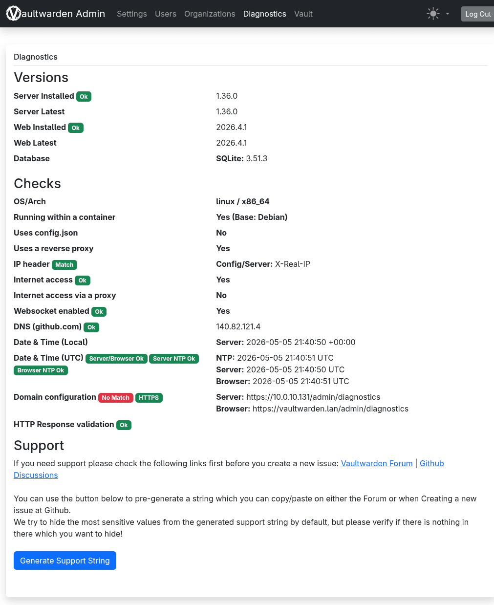 Pagina Diagnostics dell'admin panel Vaultwarden con check WebSocket OK, X-Real-IP Match, Internet OK, versione 1.36.0