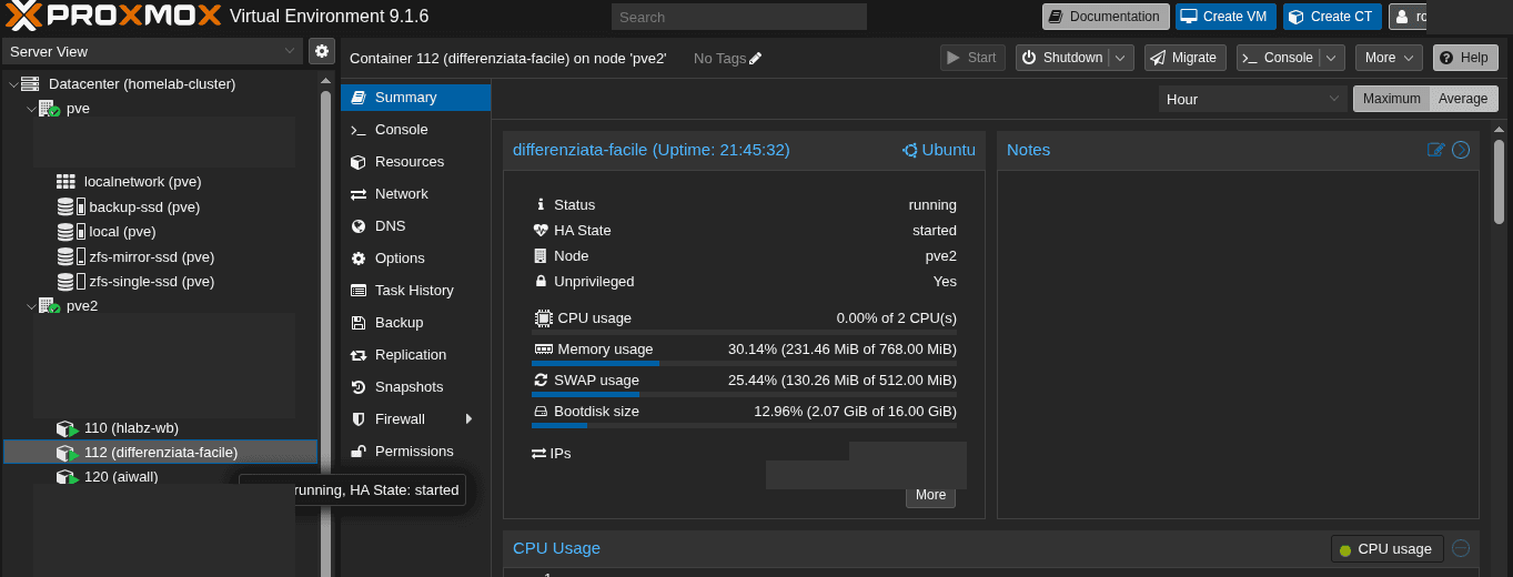 Proxmox VE 9.1.6 — datacenter homelab-cluster con i nodi pve e pve2 e i container LXC reali (hlabz-wb, differenziata-facile, aiwall) sul cluster di Antonio Distefano