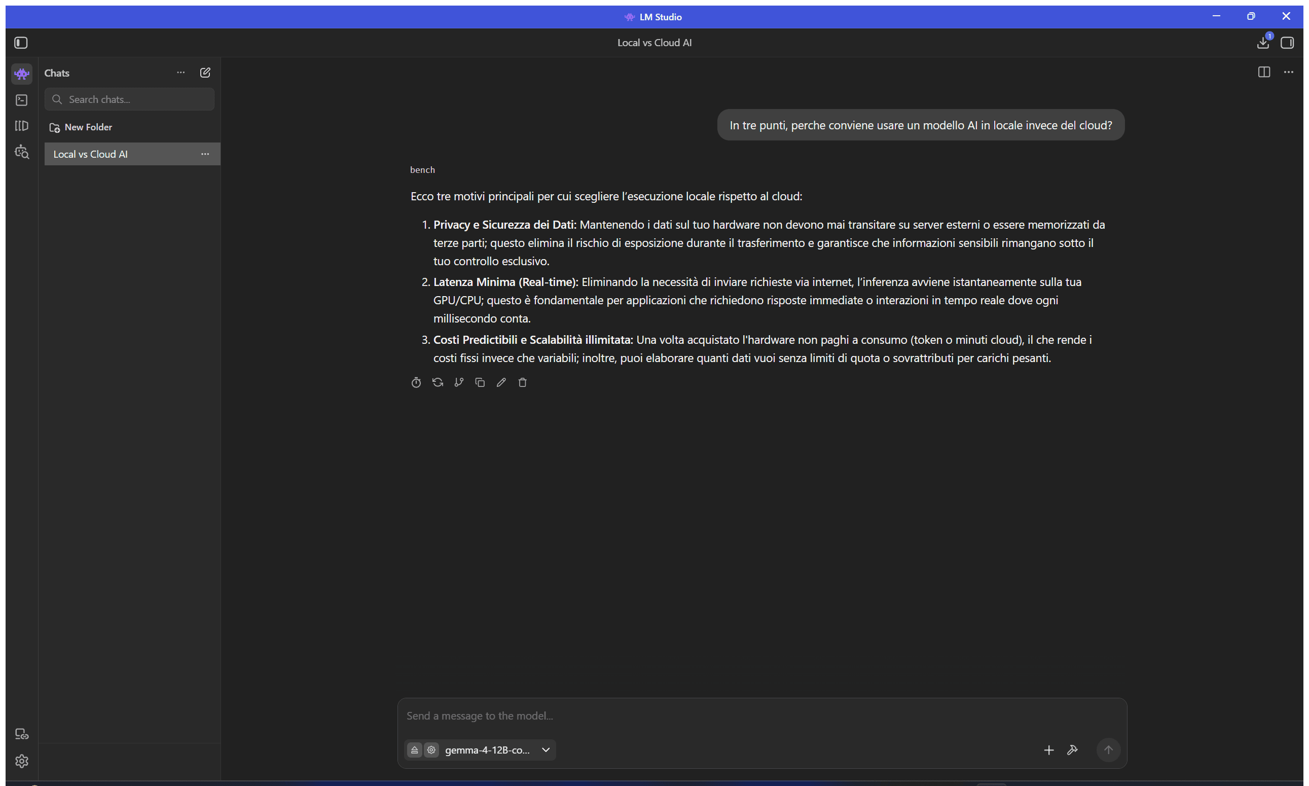 Una prima chat reale: la domanda e la risposta generate in locale, sul mio portatile