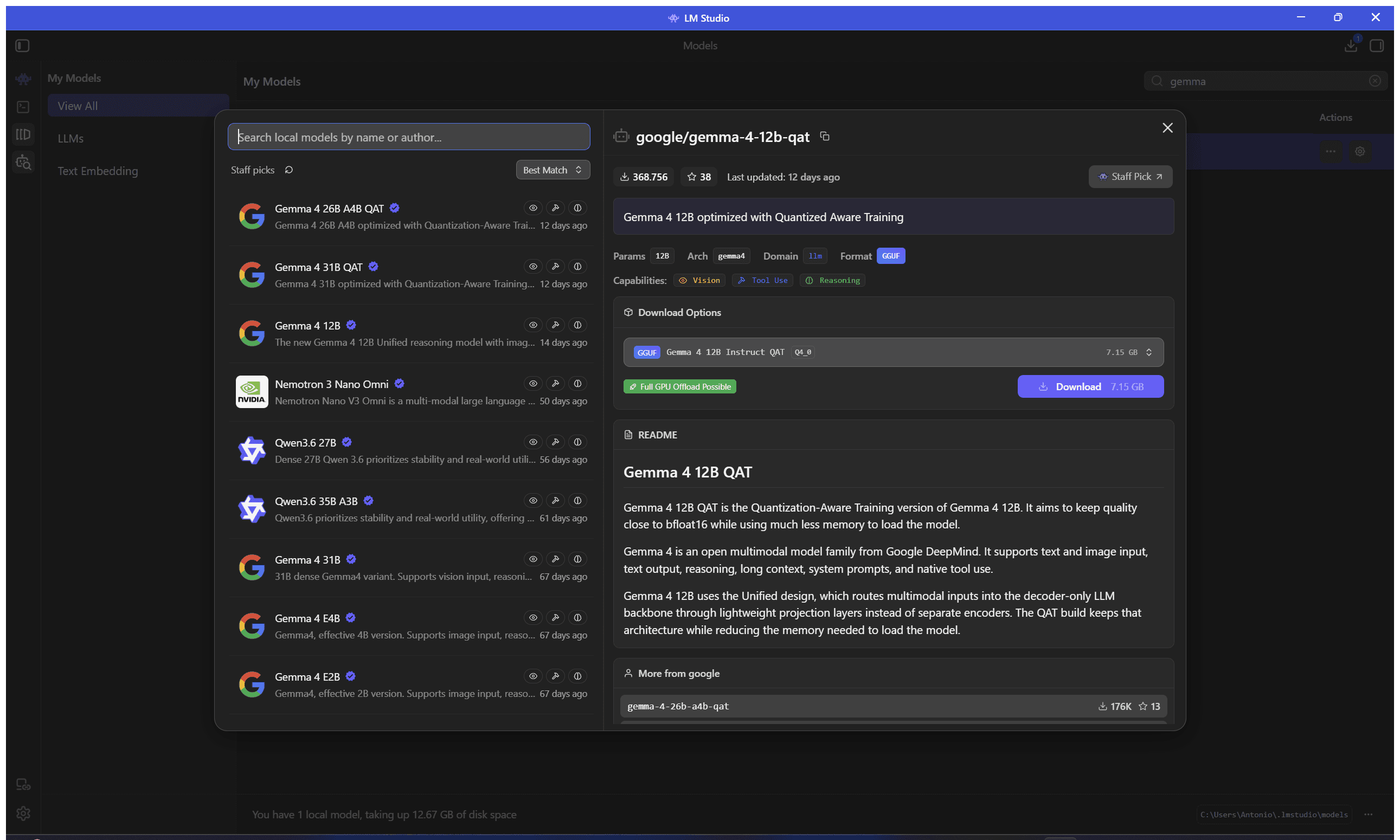 La sezione Discover di LM Studio: ricerca modelli, staff picks e opzioni di download