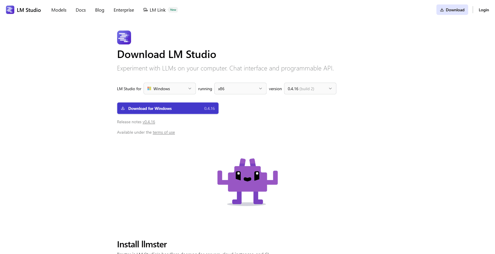 La pagina di download ufficiale di LM Studio: riconosce Windows e mostra il pulsante di download