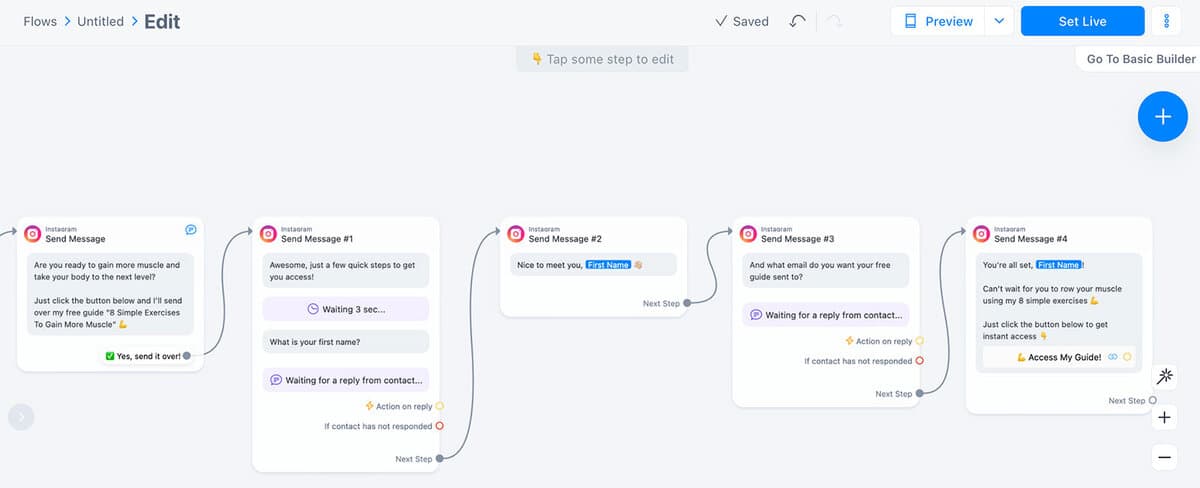 Flow builder Manychat: automazione DM Instagram multi-step con raccolta dati e lead nurturing