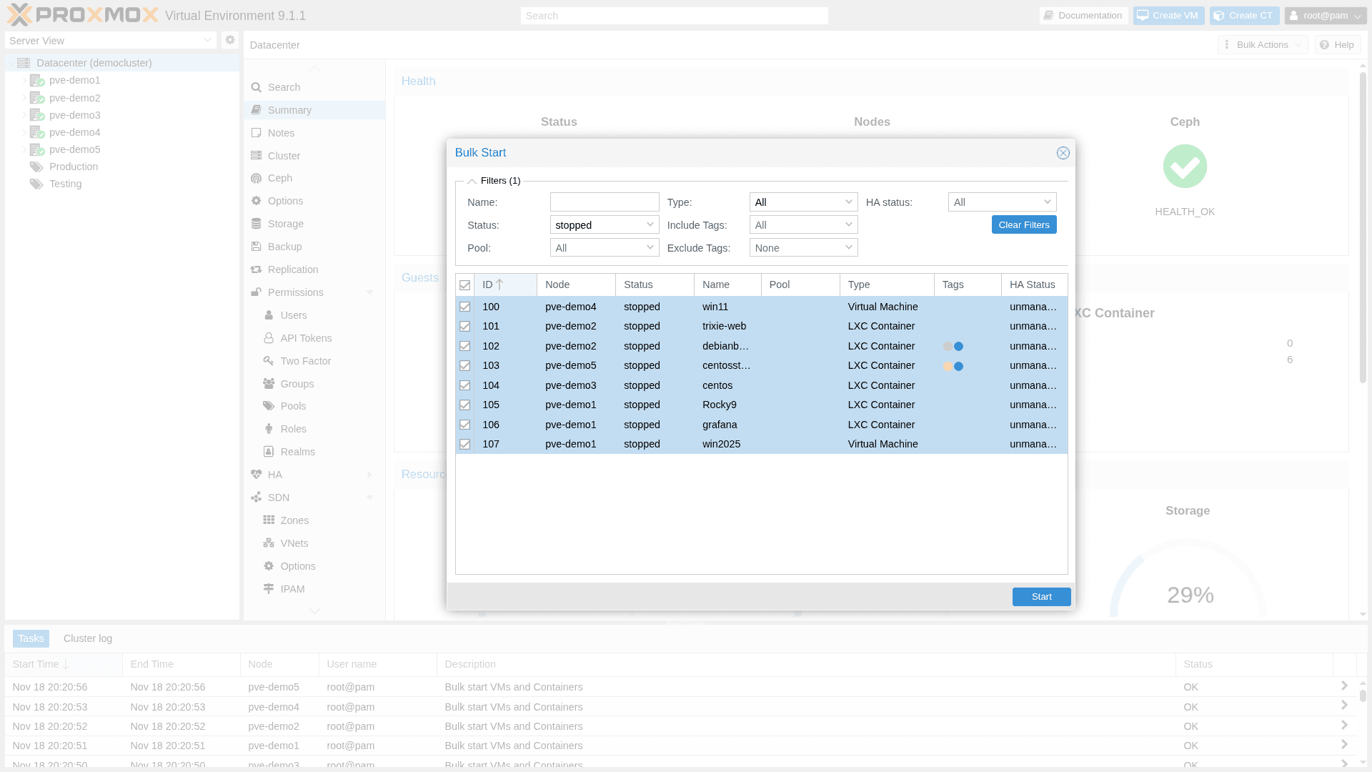 Proxmox VE 9.1 Datacenter Bulk Actions — la nuova interfaccia di gestione
