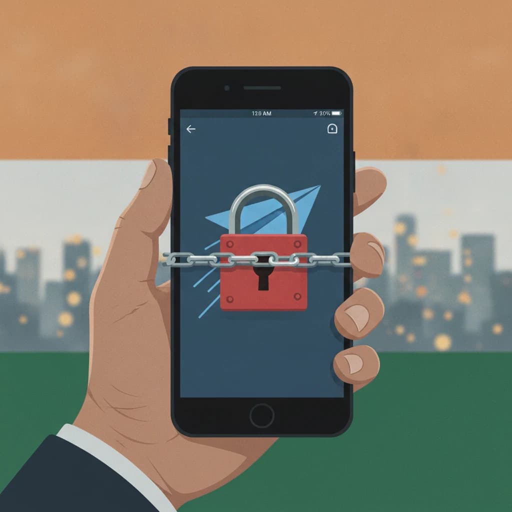 Smartphone con l'icona di Telegram coperta da un lucchetto, sullo sfondo i colori della bandiera indiana