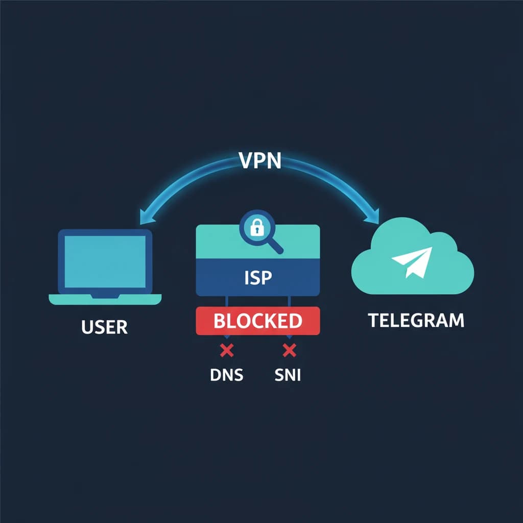 Schema di rete: traffico bloccato dall'operatore via DNS e ispezione SNI, e un tunnel VPN cifrato che lo aggira